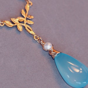 Blue Chalcedony Necklace , A Delicate Gold Layering Y Choker , Dainty Pearl Pendant , Mother's Day Gift for Her, Maggie McMane Designs image 2