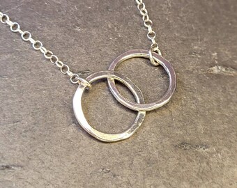Circle Necklace, 2 Connected Circles Fine Silver, Sterling Silver, Mother Daughter Gift, Boho, 16 inch Layering Necklace, Sister Jewelry