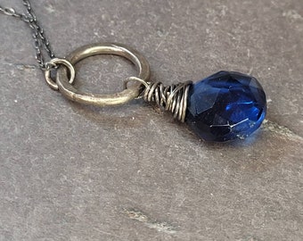 Faceted Blue Quartz Circle Necklace Wire Wrapped In Oxidized Sterling Silver , Blue Stone Pendant, Mother's DayGift For Her , Maggie McMane