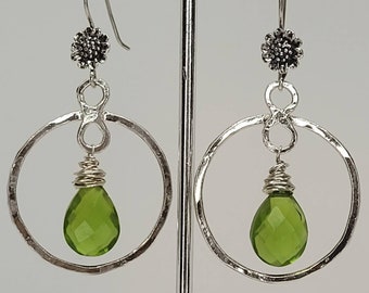 Green Quartz Circle Earrings with Sterling Silver Flower Earring Wires, Gift for Her, Boho Dangle Drops, Handmade Jewelry by Maggie McMane