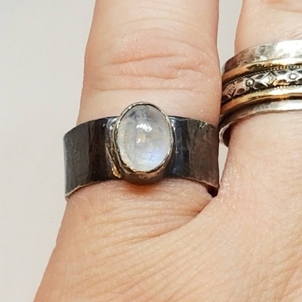 Moonstone Ring Oxidized Sterling Silver Ready To Ship Size 7, 8,5, and 9, Wide Band Moonstone Ring, Mens Pinky Ring, June Birthstone Ring,