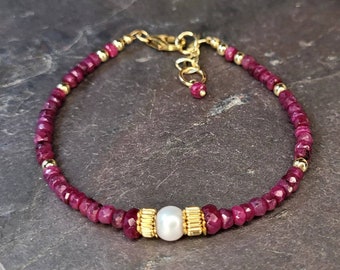 Ruby Pearl Bracelet 14 k Gold Fill Beaded Bracelet, July Birthstone Bracelet, Pearl Jewelry, Gemstone Stacking Jewelry,