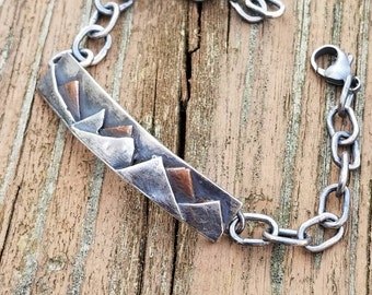 Rustic Mountain Bracelet in Sterling Silver and Copper , Handmade Oxidized Silver Chain ,  Father's Day Gift by Maggie McMane Designs