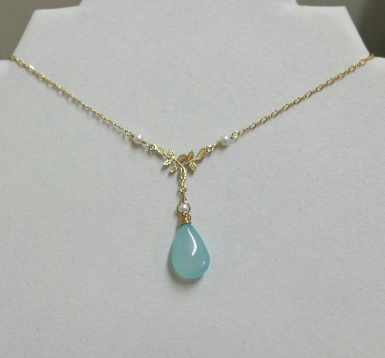 Blue Chalcedony Necklace , A Delicate Gold Layering Y Choker , Dainty Pearl Pendant , Mother's Day Gift for Her, Maggie McMane Designs image 4