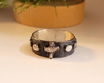 Rosary Ring, Ready To Ship in Size 7.5, One Decade Rosary, Sterling SIlver Cross Ring,  Oxidized Sterling Silver, Religious Jewelry Gift
