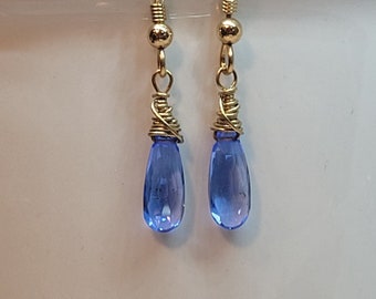 Blue Quartz Earrings, Blue Drop Wire Wrapped Earrings, Hydrothermal Quartz, Women's 14k Gold Filled , Delicate Jewelry
