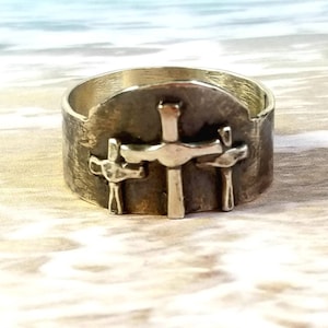 Triple Cross Ring Calvery Handmade In Sterling Silver, Three Crosses, Father&#39;s Day Gift for Husband, Christian Faith Ring, Religious Jewelry