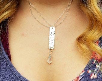 Silver Moonstone Necklace, Y Choker Necklace, Christmas Gift For Her,  Sterling Silver, Hammered Silver, June Birthstone Necklace, 16 inches