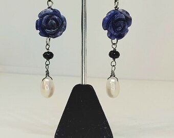 Flower and Pearl Earrings, Freshwater Pearl Drops, Blue Dangle Drop Earrings, Floral Earrings, Black Onyx, Sodalite, Pearl, Sterling Silver