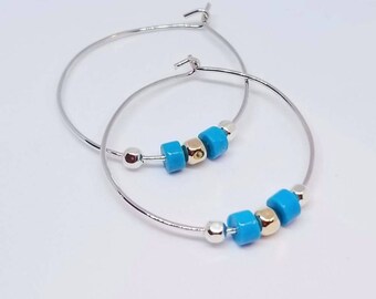 Beaded Hoop Earrings Mixed Metal Jewelry, Small Beaded Hoops, Cute Jewelry, 14k Gold Filled Beads, Blue Earrings by Maggie McMane Designs