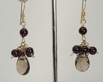 Smoky Quartz Red Garnet 14k Gold Filled Earrings, Garnet Cluster Earrings, Brown and Red Earrings, Handmade Jewelry by Maggie McMane Designs