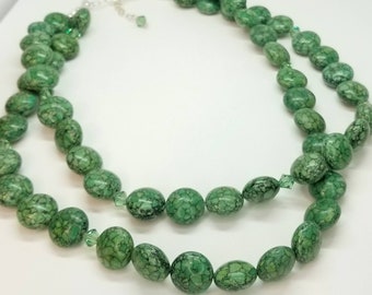 Chunky Green Necklace, Sterling Silver Mosaic Bead Necklace, 2 Strand Necklace, Green Beaded Necklace by  Maggie McMane Designs