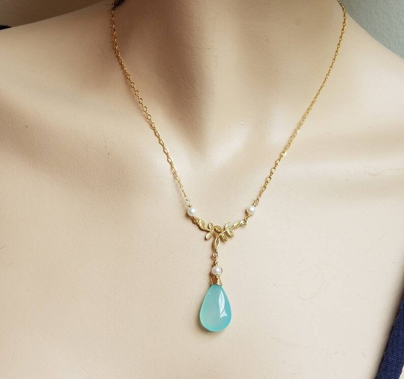 Blue Chalcedony Necklace , A Delicate Gold Layering Y Choker , Dainty Pearl Pendant , Mother's Day Gift for Her, Maggie McMane Designs image 3