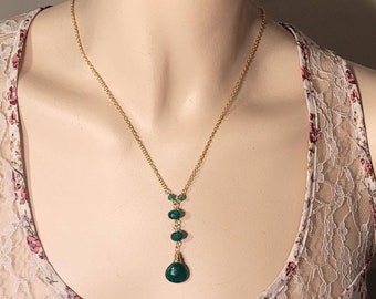 Green Onyx Y Necklace in 14k Gold Fill, Green Stone Layering Drop Necklace, 22 inches Long