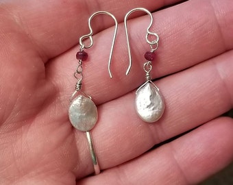 Pearl and Ruby Earrings ,  Sterling Silver Everyday Jewelry , July Birthstone Gift For Her ,  Delicate Dangle and Drop , Maggie McMane