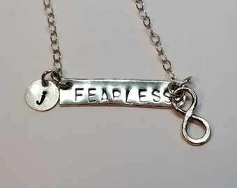 Personalized Fearless Necklace, Sterling Silver Bar Necklace, Inspiring Message Fearless Charm, Infinity Charm, Empowerment, Initial Tag