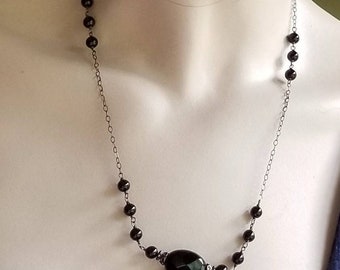 Black Onyx Necklace, Oxidized Sterling Silver Necklace, Layering Necklace, Black Beaded Necklace, Long Black Necklace,