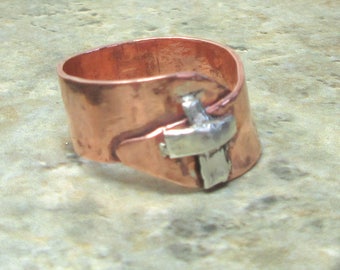 Copper Cross Ring Wide Band Copper Silver Thumb Ring Men's Size 8.5 Handmade Rustic Silver Cross Women's Jewelry Religious Christmas Gift