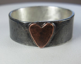 Heart Ring. Made To Order. Sterling Silver w Copper Heart. Wide Silver Band. Oxidized/ Mixed Metal Rustic Heart. Gift For Her. Unisex