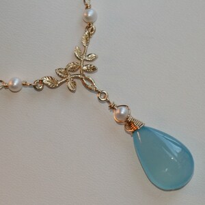 Blue Chalcedony Necklace , A Delicate Gold Layering Y Choker , Dainty Pearl Pendant , Mother's Day Gift for Her, Maggie McMane Designs image 7