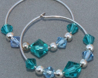 Blue Crystal Hoop Earrings, Sterling Silver Hoop Earrings, Beaded Hoops, Boho Chic Earrings by Maggie McMane Designs
