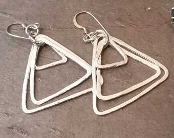 Silver Triangle Earrings, Geometric, Dangle Drop Earrings, Hammered Silver Earrings, Handmade Jewelry, Movable Jewelry, Triangle Jewelry