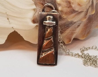 Lighthouse Necklace, Copper Silver Necklace, Mixed Metal, Small Lighthouse Pendant, Oxidized Artisan Jewelry, Nautical Jewelry Maggie McMane