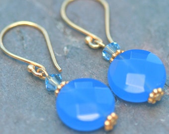 Small Blue Chalcedony Quartz Earrings, Gold Vermeil  Dangle Earrings, Small Blue Drops, Victorian Style