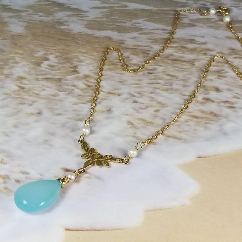 Blue Chalcedony Necklace , A Delicate Gold Layering Y Choker , Dainty Pearl Pendant , Mother's Day Gift for Her, Maggie McMane Designs image 9