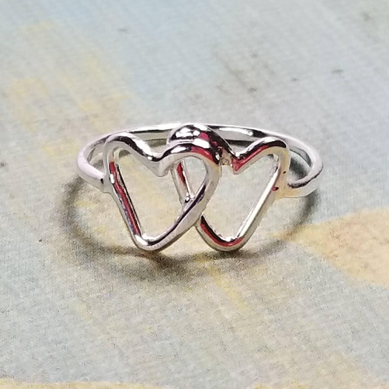 Hearts Ring Silver Open Hearts Ring 2 Linked Hearts Best friends Ring Double Hearts Mother/'s Day Gift Valentines Day Gift for Her