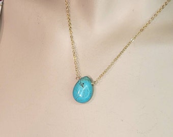 Turquoise Choker Necklace, Blue Turquoise Pendant, Small Gold Turquoise Pendant Necklace, Simple Gold Necklace, Small Pendant Necklace