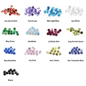 May include: A collection of gemstones in various colors, including red, purple, light blue, white, green, moon, ruby red, peridot green, deep blue, pink, yellow, tanzanite blue, and black. Each color is labeled with a month and gemstone name.