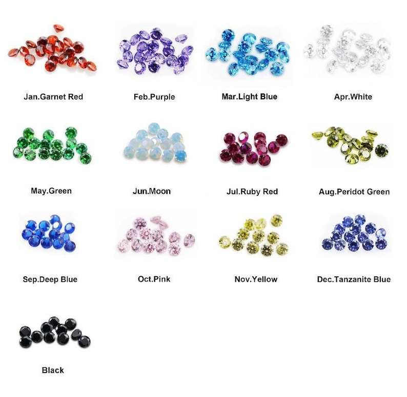 May include: A collection of gemstones in various colors, including red, purple, light blue, white, green, moon, ruby red, peridot green, deep blue, pink, yellow, tanzanite blue, and black. Each color is labeled with a month and gemstone name.