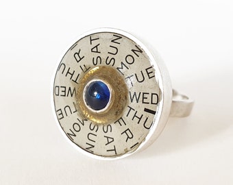 Days of the Week Sterling Silver Ring with Blue Gem - US Size 7.5
