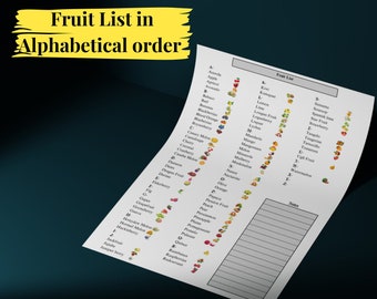 May include: A printable fruit list in alphabetical order with colorful fruit emojis next to each fruit name. The list includes fruits like apple, banana, blackberry, blueberry, cherry, cranberry, dragon fruit, fig, grapefruit, guava, kiwi, lemon, lime, mango, melon, nectarine, orange, papaya, peach, pear, pineapple, plum, pomegranate, raspberry, strawberry, tangerine, watermelon, and more.