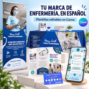 May include: A marketing kit for a nursing clinic featuring a blue roll-up banner, a tri-fold brochure, a loyalty card, and a smartphone displaying a booking page. The text includes "TU MARCA DE ENFERMERÍA, EN ESPAÑOL" and "Mary Smith CLÍNICA DE ENFERMERÍA".