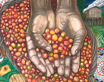 Coffee Art, Costa Rica, Costa Rica Print, Coffee culture, Nature Art, Modern Art Painting, Wall Art, Original Art, Coffee Hands, Tamal, Food