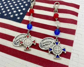 God Bless America Three Hail Mary Keychain Clip with Our Lady of Guadalupe and St. Benedict