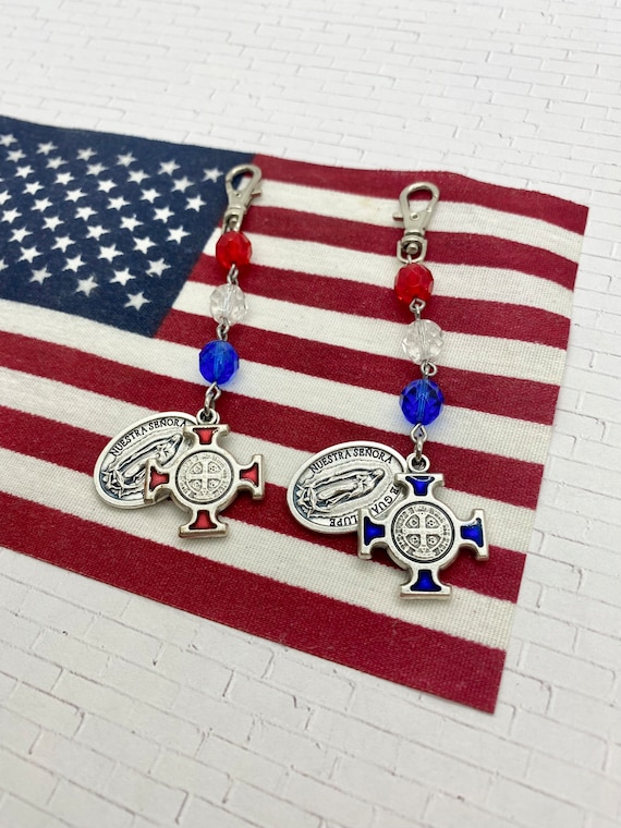 God Bless America Three Hail Mary Keychain Clip with Our Lady of Guadalupe and St. Benedict