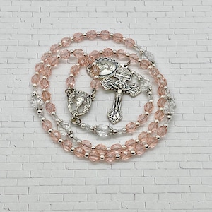 Girls Light Pink Czech Glass First Holy Communion Rosary