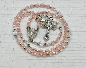 Girls Light Pink Czech Glass First Holy Communion Rosary