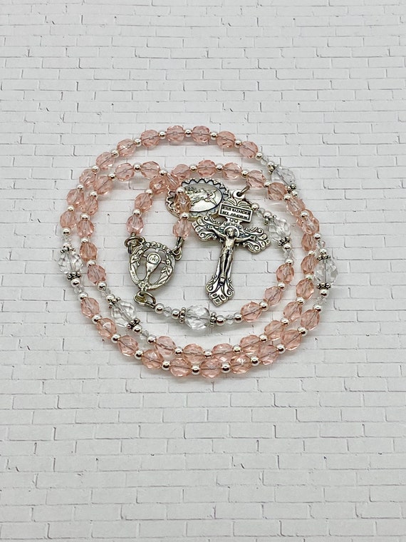 Girls Light Pink Czech Glass First Holy Communion Rosary