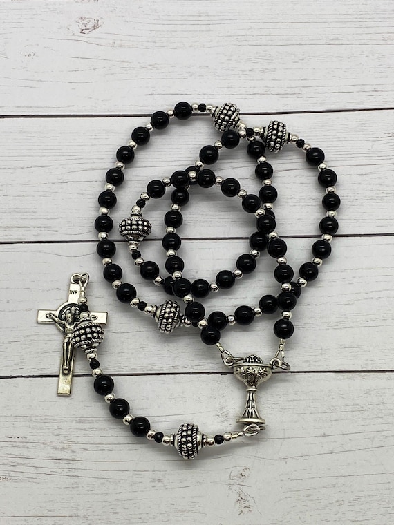 Classic St. Benedict Black First Holy Communion Keepsake Rosary