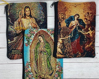 Large Tapestry Rosary Zippered Pouch - Divine Mercy- Our Lady of Guadalupe- Our Lady Undoer of Knots - St. Michael the Archangel