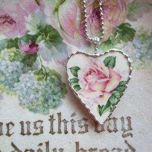 Vintage - Recycled Broken China  - Old Rose Garden ~ Heart Pendant ~ Sterling Silver Bail ~ Chain Included