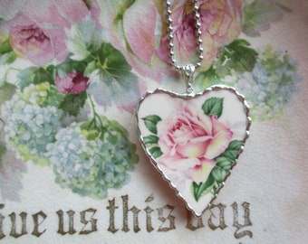 Vintage - Recycled Broken China  - Old Rose Garden ~ Heart Pendant ~ Sterling Silver Bail ~ Chain Included