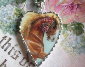 Vintage Upcycled China ~ Horse with Roses ~ Sterling Silver Bail ~ Large Heart ~ Chain Included