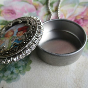 Vintage Metal Tin NOS Assemblage Ornate Frame Babys First Tooth Necklace Keepsake Steampunk Watch Tin Pendant image 1