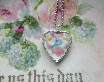 Vintage Broken China Heart Pendant Sweet Bluebird Crown of Roses Blue Bird ~ Remembrance