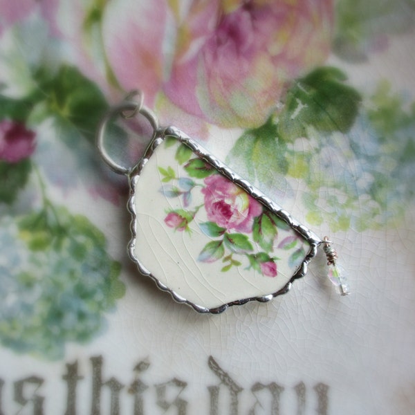 Vintage Recycled Broken China Sweet Romantic Tea Cup Roses Pendant - Tea Time ~~~ Choice